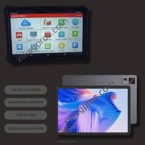 Tablette diagnostic auto Android 14 avec écran Full HD, vue avant et arrière – compatible XDIAG et idéale pour applications de diagnostic automobile