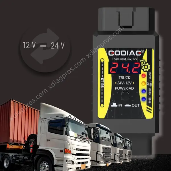 Convertisseur 24V vers 12V XDIAG pour diagnostic poids lourds – adaptateur OBD2 camion avec affichage numérique